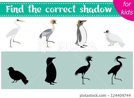 Brainteaser for kids. Zoo animals. Heron, cuckoo and penguin.  Find the correct shadow. Educational cards. Activity for preschoolers and toddlers. 124409744