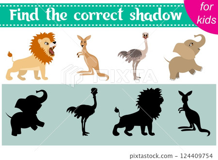 Brainteaser for kids. Zoo animals. Kangaroo, ostrich, lion and elephant. Find the correct shadow. Educational cards. Activity for preschoolers and toddlers. 124409754