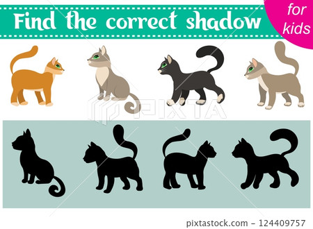 Brainteaser for kids. Cute kittens. Find the correct shadow. Educational cards. Activity for preschoolers and toddlers. Brainteaser for kids. Cute kittens. Find the correct shadow. Educational cards. Activity for preschoolers and toddlers. 124409757