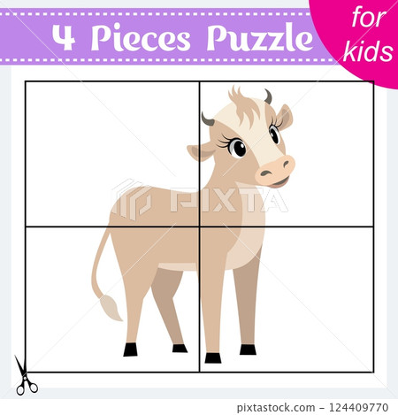 Puzzle game for kids. Puzzle pieces. Farm animals. Cute calf. Education worksheet. Activity page. 124409770