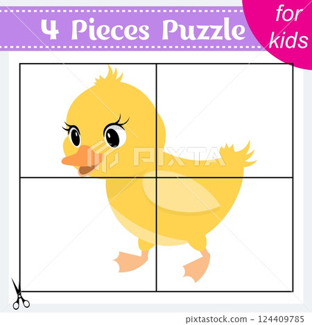 Puzzle game for kids. Puzzle pieces. Farm animals. Cute little duckling. Education worksheet. Activity page. Puzzle game for kids. Puzzle pieces. Farm animals. Cute little duckling. Education worksheet. Activity page. 124409785