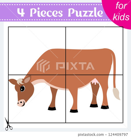 Puzzle game for kids. Puzzle pieces. Farm animals. Brown cow. Education worksheet. Activity page. Puzzle game for kids. Puzzle pieces. Farm animals. Brown cow. Education worksheet. Activity page. 124409797