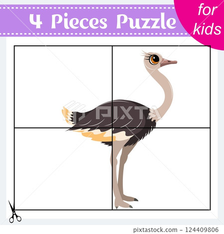 Puzzle game for kids. Puzzle pieces. Zoo animals. Gray ostrich. Education worksheet. Activity page. Puzzle game for kids. Puzzle pieces. Zoo animals. Gray ostrich. Education worksheet. Activity page. 124409806