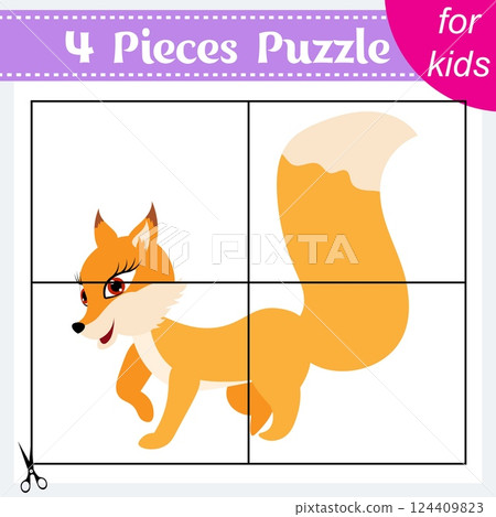 Puzzle game for kids. Puzzle pieces. Zoo animals. Red fox. Education worksheet. Activity page. Puzzle game for kids. Puzzle pieces. Zoo animals. Red fox. Education worksheet. Activity page. 124409823