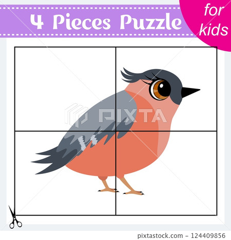 Puzzle game for kids. Puzzle pieces. Zoo animals. Bullfinch bird. Education worksheet. Activity page. Puzzle game for kids. Puzzle pieces. Zoo animals. Bullfinch bird. Education worksheet. Activity page. 124409856