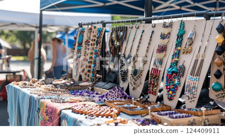 Local artisans are showcasing handcrafted jewelry and unique wearables at a bustling street market. 124409911