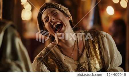 A person in medieval attire laughs at a historical parody on TV, amused by the clever humor and anachronisms. 124409946
