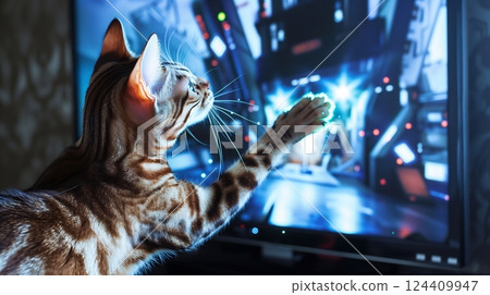 A cat eagerly paws at a laser dot on a TV screen showing a sci-fi show, adding a playful touch. 124409947