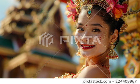 A Thai dancer in traditional attire, posed before an ornate temple, highlights Thailand's vibrant culture. 124409967