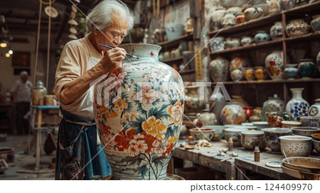 An elderly artisan meticulously paints intricate floral patterns on a ceramic vase in a cluttered workshop. 124409970