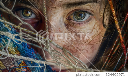 Close-up of a weaver's focused face, her sparkling eyes reflect the vibrant tapestry she's weaving. 124409971