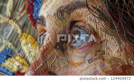 A close-up of a weaver's face reveals deep concentration, showcasing her dedication and skill. 124409972
