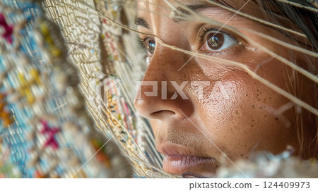 A weaver's face, deeply focused, eyes reflecting the vibrant hues and intricate patterns of the tapestry. A weaver's face, deeply focused, eyes reflecting the vibrant hues and intricate patterns of the tapestry. 124409973