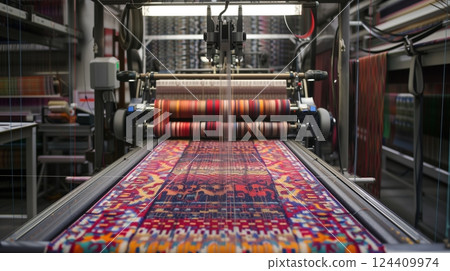 A futuristic studio where traditional and digital weaving blend, humans and machines craft intricate patterns. 124409974