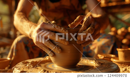 A ceramic artist skillfully molds clay on a potter's wheel, sunlight casting dynamic shadows in the studio. 124409978