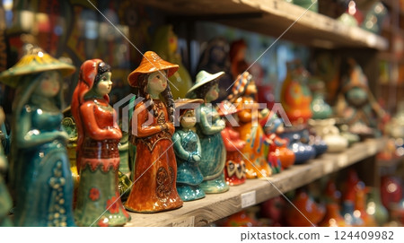 A close-up of colorful, detailed ceramic figurines in a shop display, showcasing local craftsmanship. 124409982