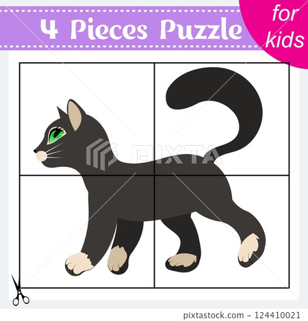 Puzzle game for kids. Puzzle pieces. Farm animals. Cute black kitten. Education worksheet. Activity page. Puzzle game for kids. Puzzle pieces. Farm animals. Cute black kitten. Education worksheet. Activity page. 124410021