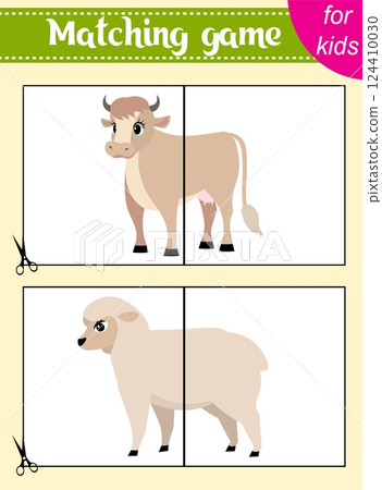 Puzzle game for kids. Puzzle pieces. Farm animals. Cow and sheep. Education worksheet. Activity page. Puzzle game for kids. Puzzle pieces. Farm animals. Cow and sheep. Education worksheet. Activity page. 124410030