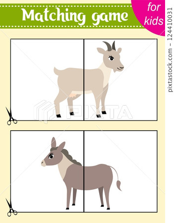 Puzzle game for kids. Puzzle pieces. Farm animals. Goat and donkey. Education worksheet. Activity page. Puzzle game for kids. Puzzle pieces. Farm animals. Goat and donkey. Education worksheet. Activity page. 124410031