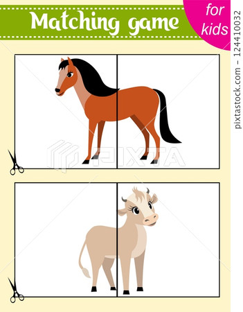 Puzzle game for kids. Puzzle pieces. Farm animals. Horse and calf. Education worksheet. Activity page. 124410032