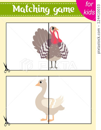 Puzzle game for kids. Puzzle pieces. Farm animals. Turkey and goose. Education worksheet. Activity page. Puzzle game for kids. Puzzle pieces. Farm animals. Turkey and goose. Education worksheet. Activity page. 124410033