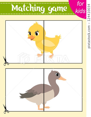 Puzzle game for kids. Puzzle pieces. Farm animals. Duck and little duckling. Education worksheet. Activity page. 124410034