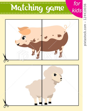 Puzzle game for kids. Puzzle pieces. Farm animals. Pig and sheep. Education worksheet. Activity page. Puzzle game for kids. Puzzle pieces. Farm animals. Pig and sheep. Education worksheet. Activity page. 124410036