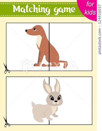Puzzle game for kids. Puzzle pieces. Farm animals. Dog and rabbit. Education worksheet. Activity page. 124410037
