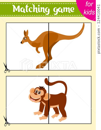 Puzzle game for kids. Puzzle pieces. Zoo animals. Kangaroo and monkey. Education worksheet. Activity page. 124410041