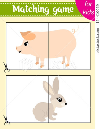 Puzzle game for kids. Puzzle pieces. Farm animals.Pig and rabbit. Education worksheet. Activity page. Puzzle game for kids. Puzzle pieces. Farm animals.Pig and rabbit. Education worksheet. Activity page. 124410069