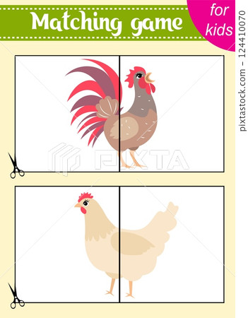 Puzzle game for kids. Puzzle pieces. Farm animals. Rooster and hen. Education worksheet. Activity page. Puzzle game for kids. Puzzle pieces. Farm animals. Rooster and hen. Education worksheet. Activity page. 124410070