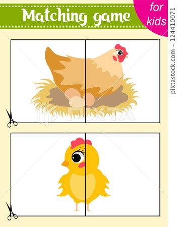 Puzzle game for kids. Puzzle pieces. Farm animals. Chicken and chick. Education worksheet. Activity page. Puzzle game for kids. Puzzle pieces. Farm animals. Chicken and chick. Education worksheet. Activity page. 124410071