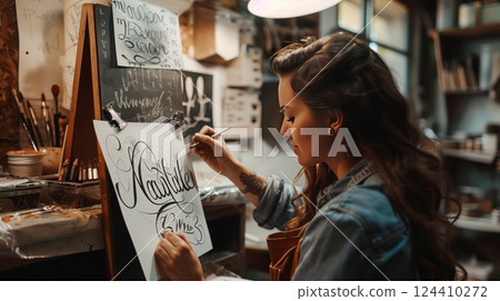 A calligrapher crafts stunning signs for a store, making everyday messages into captivating art. 124410272