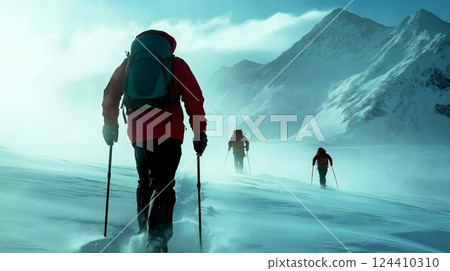 Three Hikers trekking with backpack standing on top of a snow mountains peak adventure Sport concept. Outdoor landscape in winter season, Europe 124410310