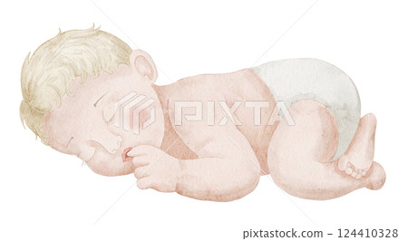 Watercolor illustration of a sleeping Baby. Drawing of cute little Infant delicate and in soft pastel colors for baby shower invitations or newborn party greeting cards. Art for nursery decorations. Watercolor illustration of a sleeping Baby. Drawing of cute little Infant delicate and in soft pastel colors for baby shower invitations or newborn party greeting cards. Art for nursery decorations. 124410328