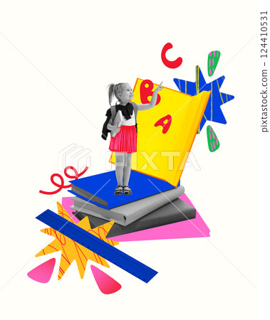 Conceptual art design. Girl pointing to alphabet letters while standing on books, symbolizing early learning, discovery, academic start. Conceptual art design. Girl pointing to alphabet letters while standing on books, symbolizing early learning, discovery, academic start. 124410531