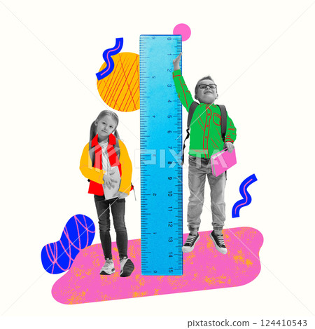 Conceptual art collage. Children measuring height with ruler, symbolizing school growth, academic goals, learning progress. Conceptual art collage. Children measuring height with ruler, symbolizing school growth, academic goals, learning progress. 124410543