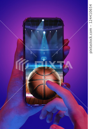 Person engaged with basketball sports app on smartphone, tapping screen to interact with virtual basketball court and ball. Composite collage 124410654