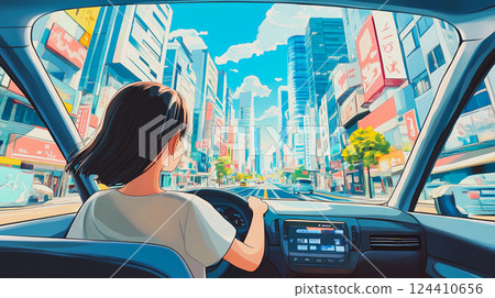 A young woman driving a car on a street of a megapolis with skyscrapers in daytime. A view of a car interior from inside. Anime or cartoon style girl. 124410656