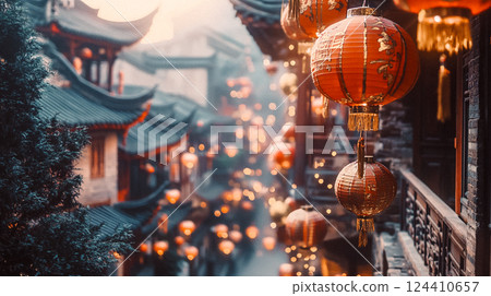Urban city in nighttime during celebration of Lunar New Year in China. Chinese lanterns hanging on a beautiful cozy empty street of an old town. 124410657