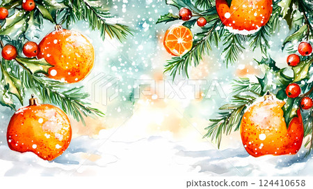 Spruce branches with fresh ripe oranges, tangerines on light blue snowy background with a place for text inside a frame. First snow. Festive backdrop. Spruce branches with fresh ripe oranges, tangerines on light blue snowy background with a place for text inside a frame. First snow. Festive backdrop. 124410658