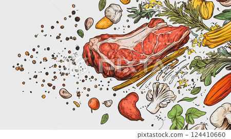 Red raw meat and vegetables on white background with rosemary, pepper and lemon. Beef steak with seasoning for grilling. Prime steaks of Black Angus. This is AI-generated item Red raw meat and vegetables on white background with rosemary, pepper and lemon. Beef steak with seasoning for grilling. Prime steaks of Black Angus. This is AI-generated item 124410660
