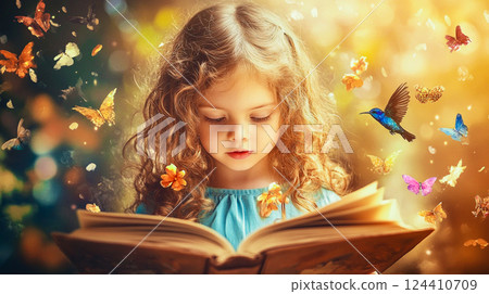 A little girl reading paper book immersing in a fantastic world. Tropical exotic birds butterflies fly around child. Storybook, learning and fantasy. This is AI-generated item 124410709