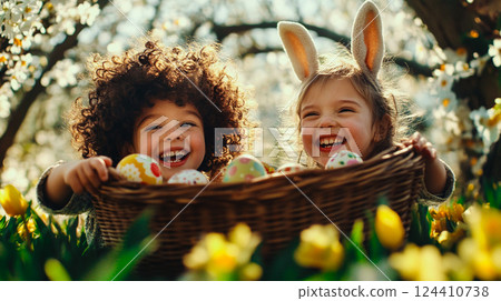 Little boy and girl with a wicker basket on green lawn. Celebrating Easter on a nature in spring season. Happy children are laughing having fun. This is AI-generated item 124410738