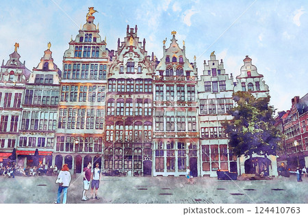 Grote Markt Square in the old town of Antwerp, Belgium (AI illustration created from original image) 124410763
