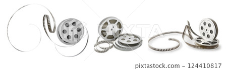 Collections old film strip in metal bobbins isolated on white background. 124410817
