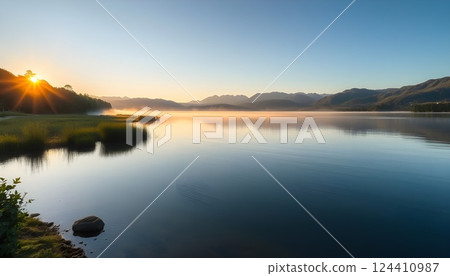 Sunset over the lake 124410987