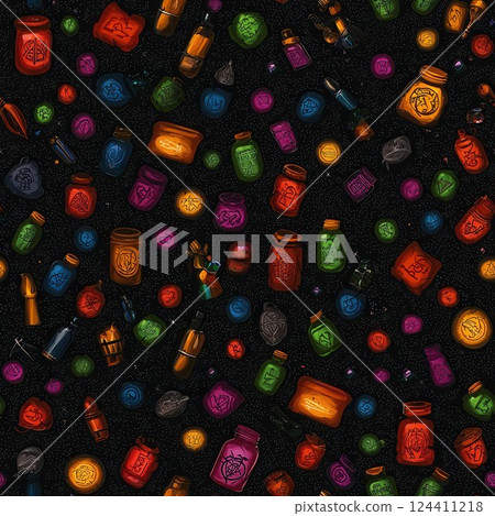 Colorful Crypto Magical Symbols Seamless Background with Intricate Patterns 124411218