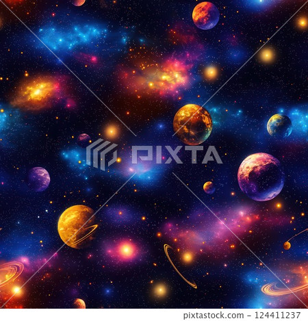 Colorful Cosmic Background with Stars and Planets for Seamless Patterns and Designs 124411237