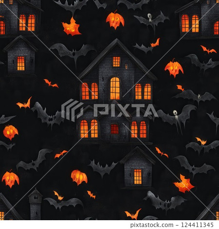 Seamless Haunted House Wallpaper with Bats and Pumpkins in Dark Background 124411345